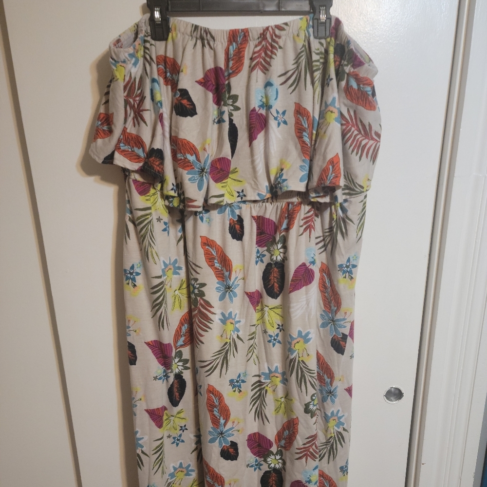 Beige and floral print strapless maxi dress